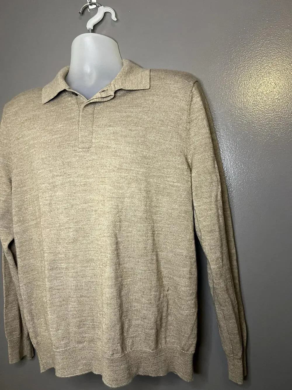 Club Room Sweater Mens Large Beige Lightweight Collared Merino Wool Pullover